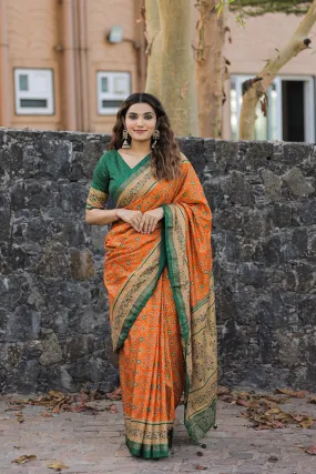 Exclusive Orange Color Foil Printed And Stone Work Dola Silk Saree