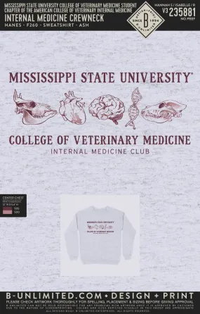 Mississippi State University College of Veterinary Medicine Internal Medicine Club Crewneck Sweatshirt - Hanes F260 - Ash Color