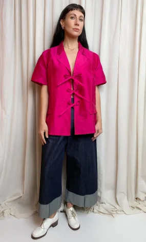 • REIMAGINED • Silk Tie Shirt [ Hot pink, Short Sleeves, Size Small - Large ]